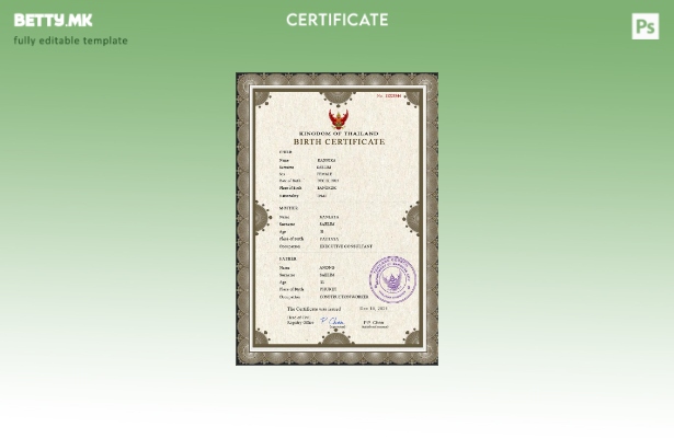 Модерен стил Тајландски шаблон за шаблон за PSD извод од матична книга на родени